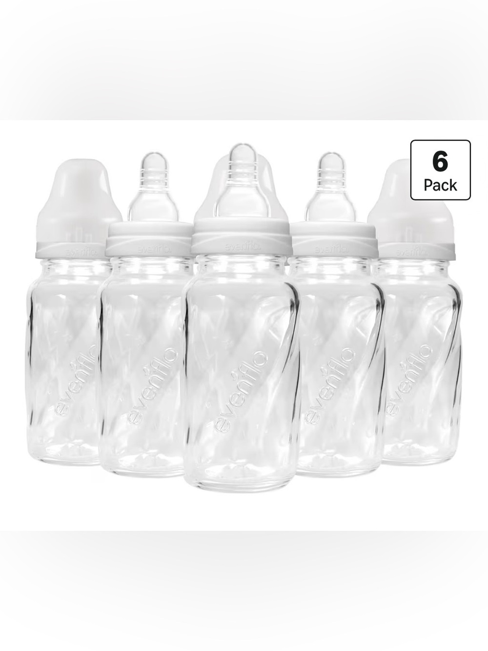 Evenflo Clear Glass Baby Bottles with White Caps - 6 Pack